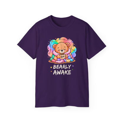 Bearly Awake Teddy Bear Tee | Cute Coffee Bear Wrapped in Rainbow Blanket