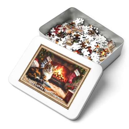 Cozy Cat by the Fireplace Jigsaw Puzzle – A Warm Winter Scene