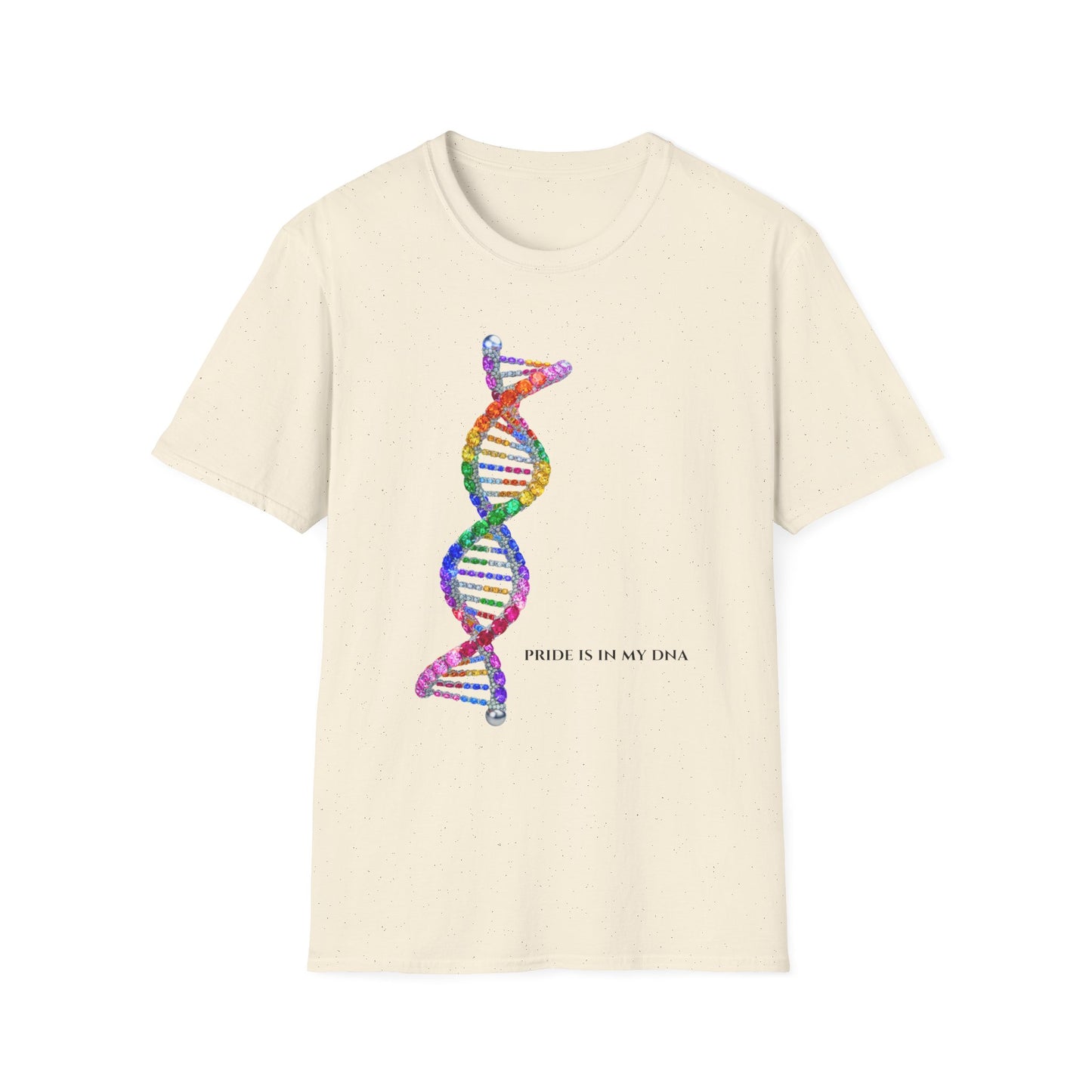 Beige t-shirt with a rainbow DNA strand design and 'Pride is in my DNA' text on a white background