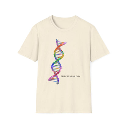 Beige t-shirt with a rainbow DNA strand design and 'Pride is in my DNA' text on a white background