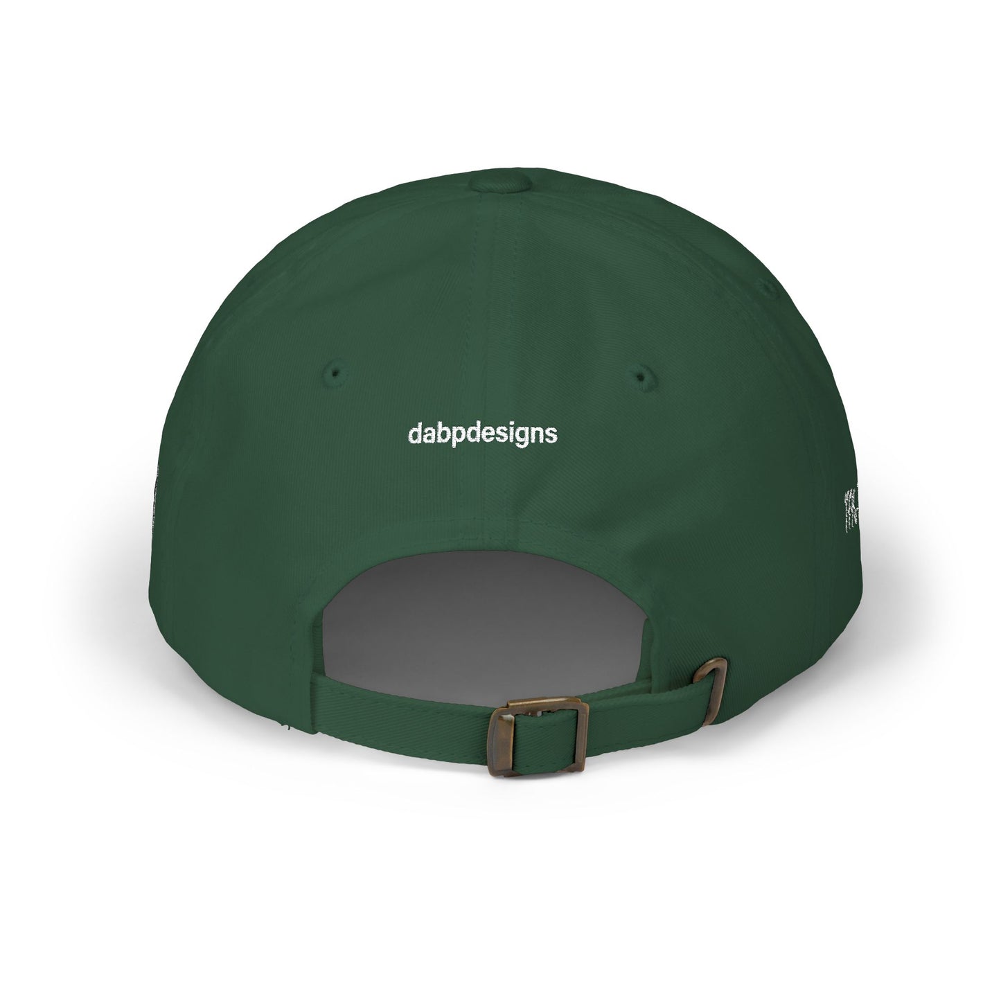 Green cap with a logo on the back against a white background
