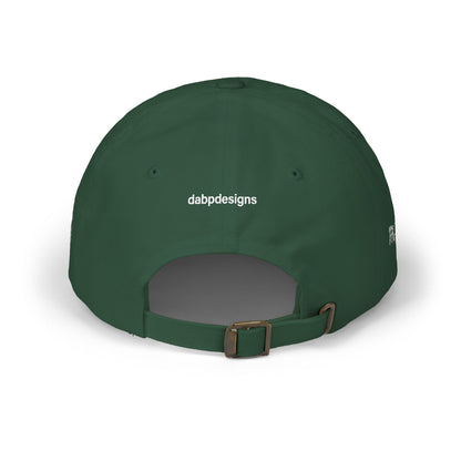 Green cap with a logo on the back against a white background