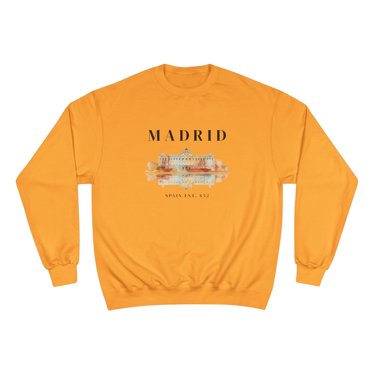 Orange sweatshirt with 'Madrid' and a building graphic on a white background