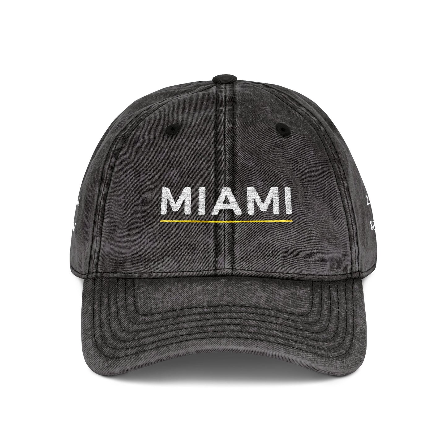 Black cap with 'Miami' embroidered on a white background