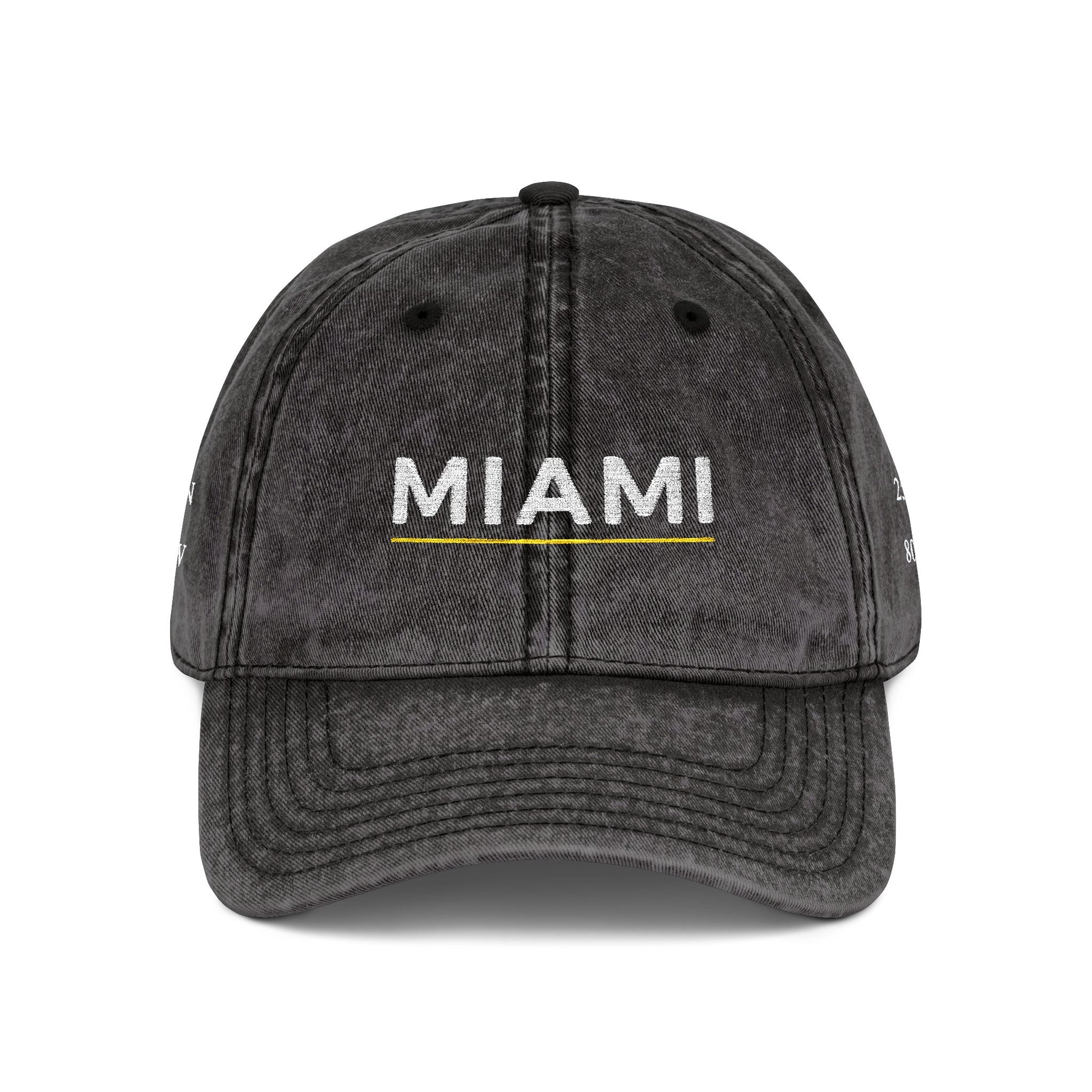 Black cap with 'Miami' embroidered on a white background