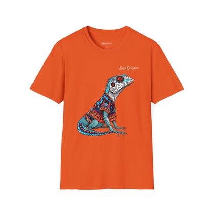 Orange t-shirt with a colorful lizard graphic on a white background
