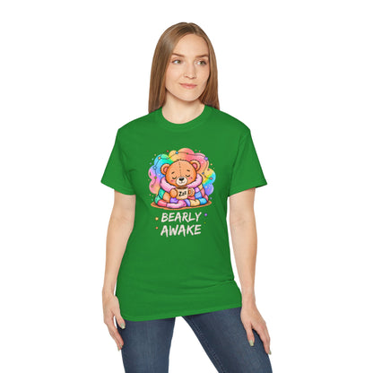 Bearly Awake Teddy Bear Tee | Cute Coffee Bear Wrapped in Rainbow Blanket