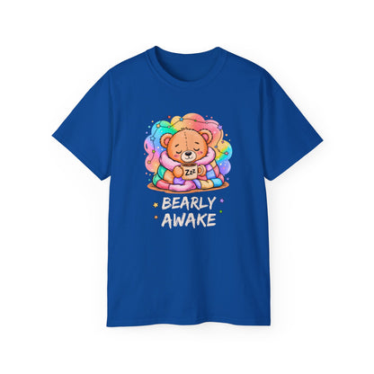 Bearly Awake Teddy Bear Tee | Cute Coffee Bear Wrapped in Rainbow Blanket