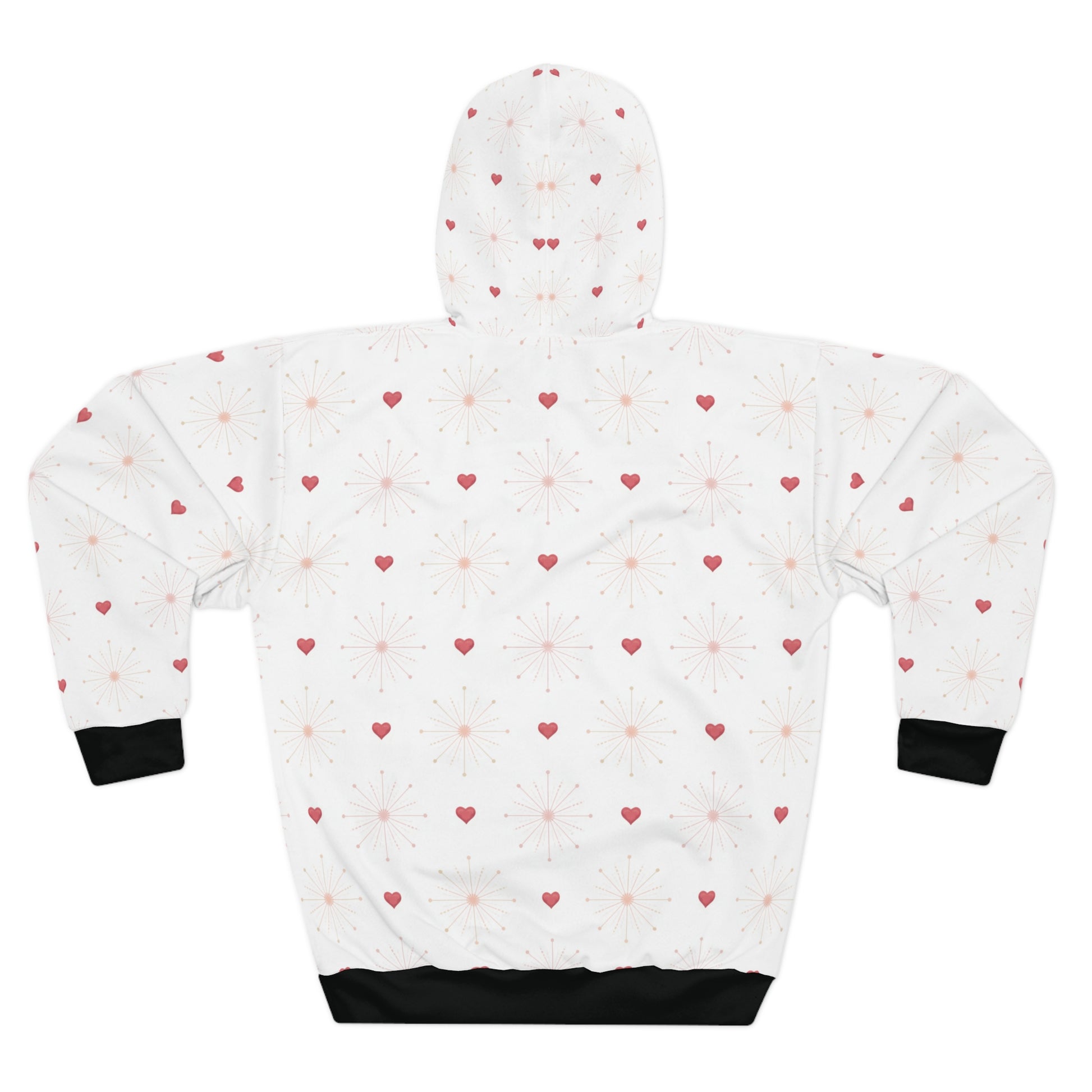 White hoodie with red heart pattern on a white background