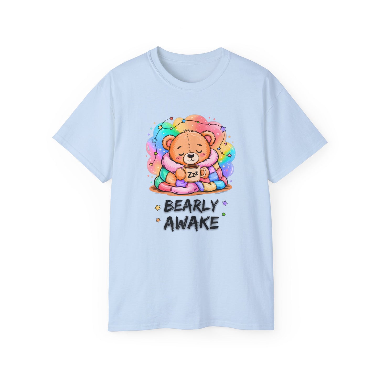 Bearly Awake Teddy Bear Tee | Cute Coffee Bear Wrapped in Rainbow Blanket