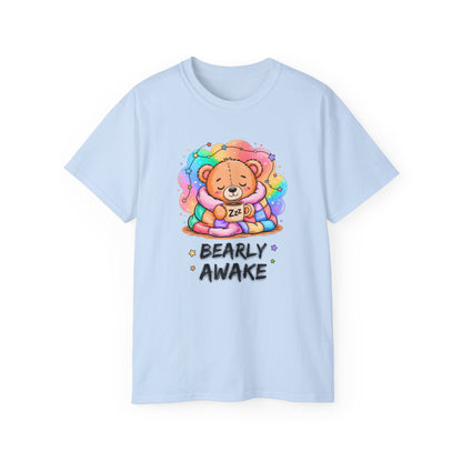Bearly Awake Teddy Bear Tee | Cute Coffee Bear Wrapped in Rainbow Blanket