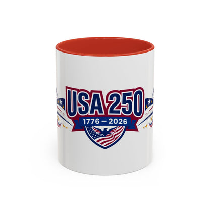 White mug with red interior and USA 250 anniversary design on a white background