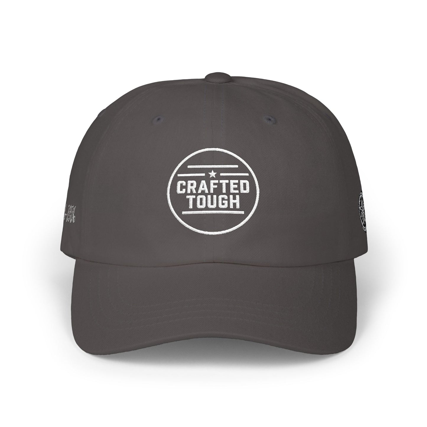 Dark gray cap with a symbol on a white background