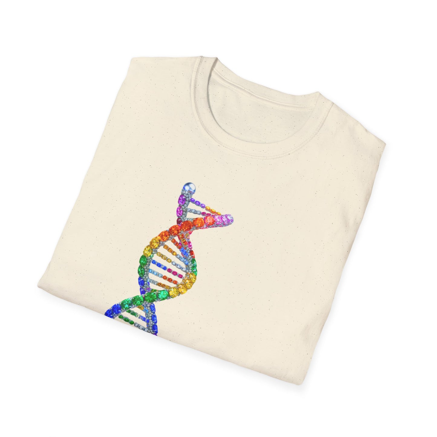 Folded cream-colored sweatshirt with a colorful DNA helix design on a white background