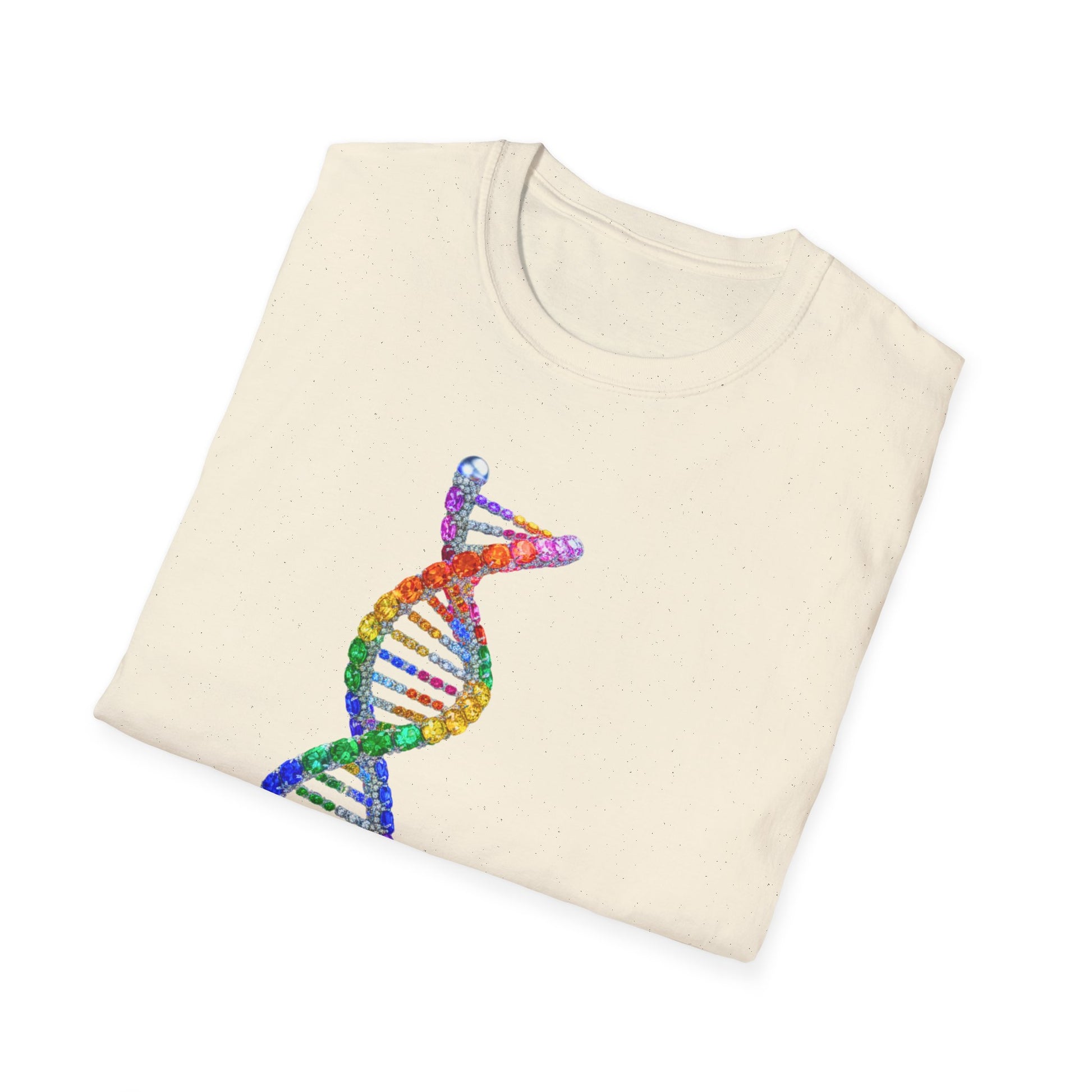 Folded cream-colored sweatshirt with a colorful DNA helix design on a white background