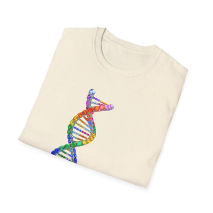 Folded cream-colored sweatshirt with a colorful DNA helix design on a white background