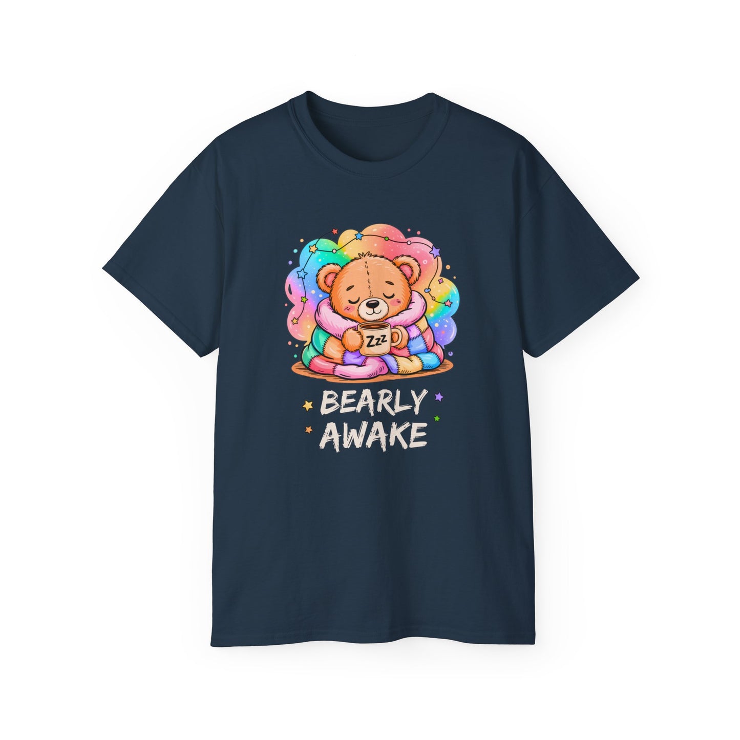 Bearly Awake Teddy Bear Tee | Cute Coffee Bear Wrapped in Rainbow Blanket