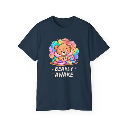 Bearly Awake Teddy Bear Tee | Cute Coffee Bear Wrapped in Rainbow Blanket
