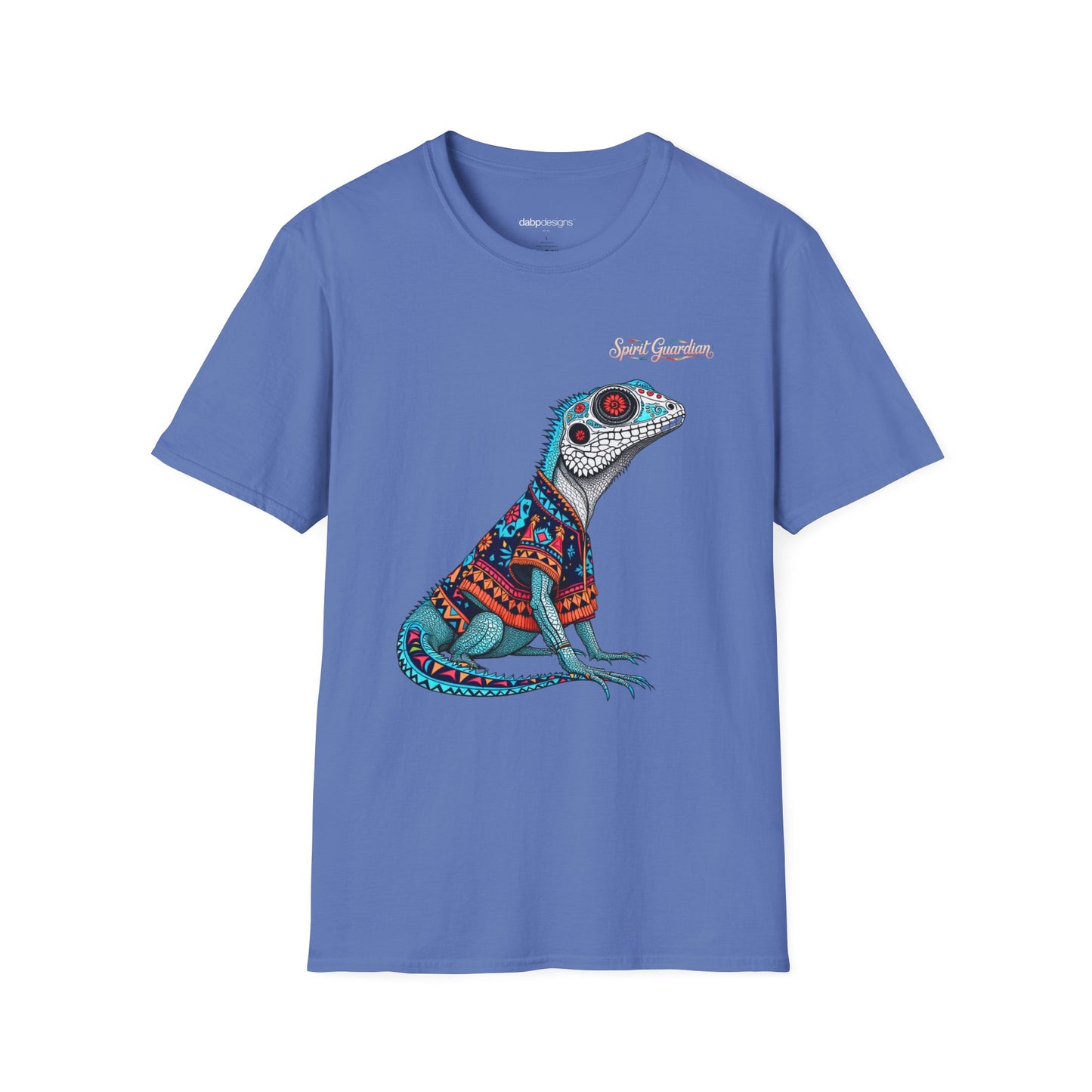 Blue t-shirt with a colorful lizard graphic on a white background