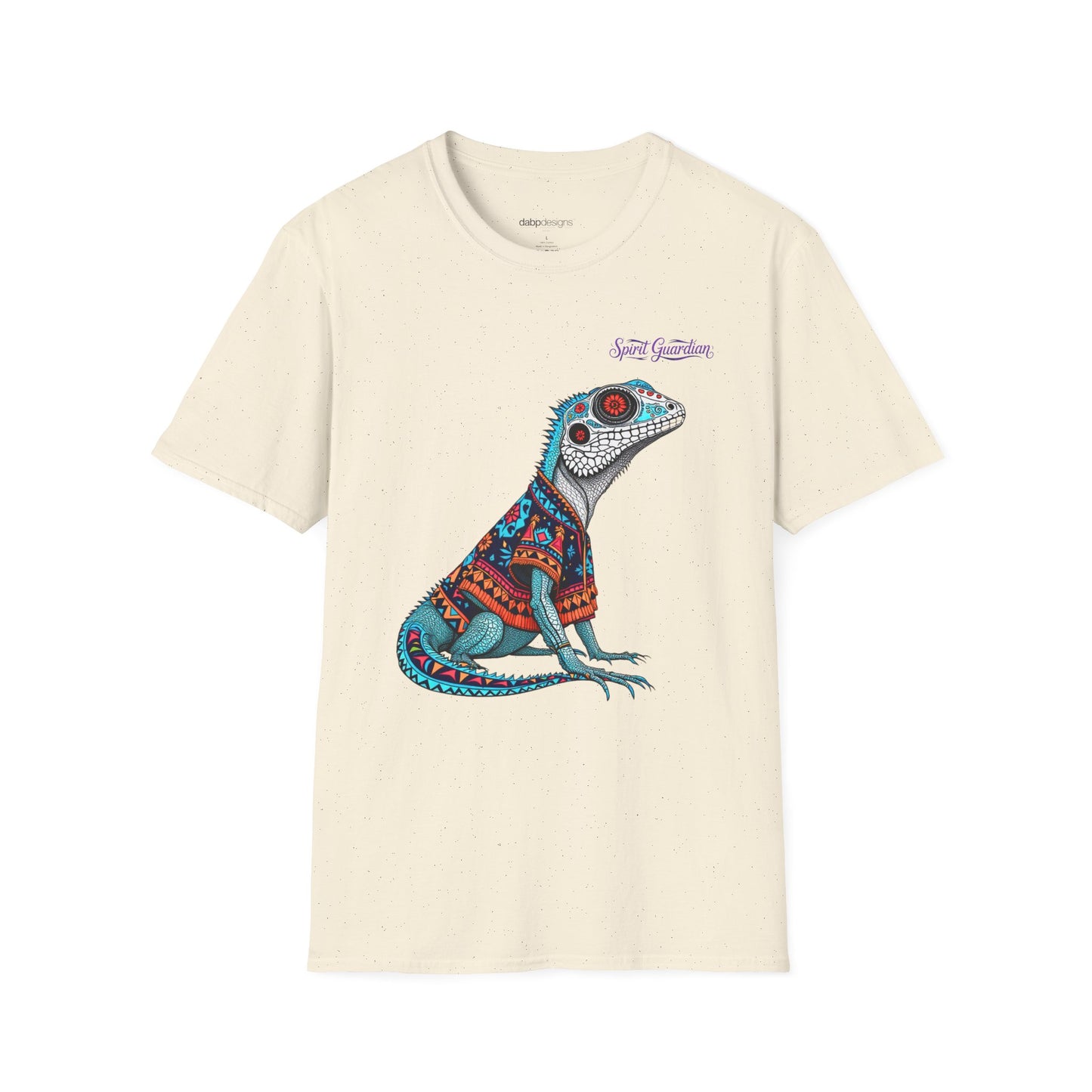 Beige t-shirt with a colorful lizard graphic on a white background