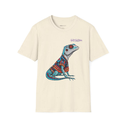 Beige t-shirt with a colorful lizard graphic on a white background