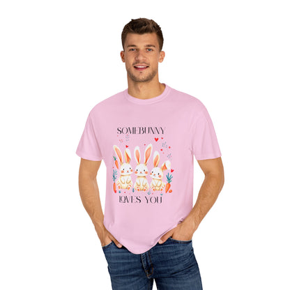 Comfort Colors 1717 Unisex Garment-Dyed T-shirt - “Somebunny Loves You” Trio Bunny Easter Tee