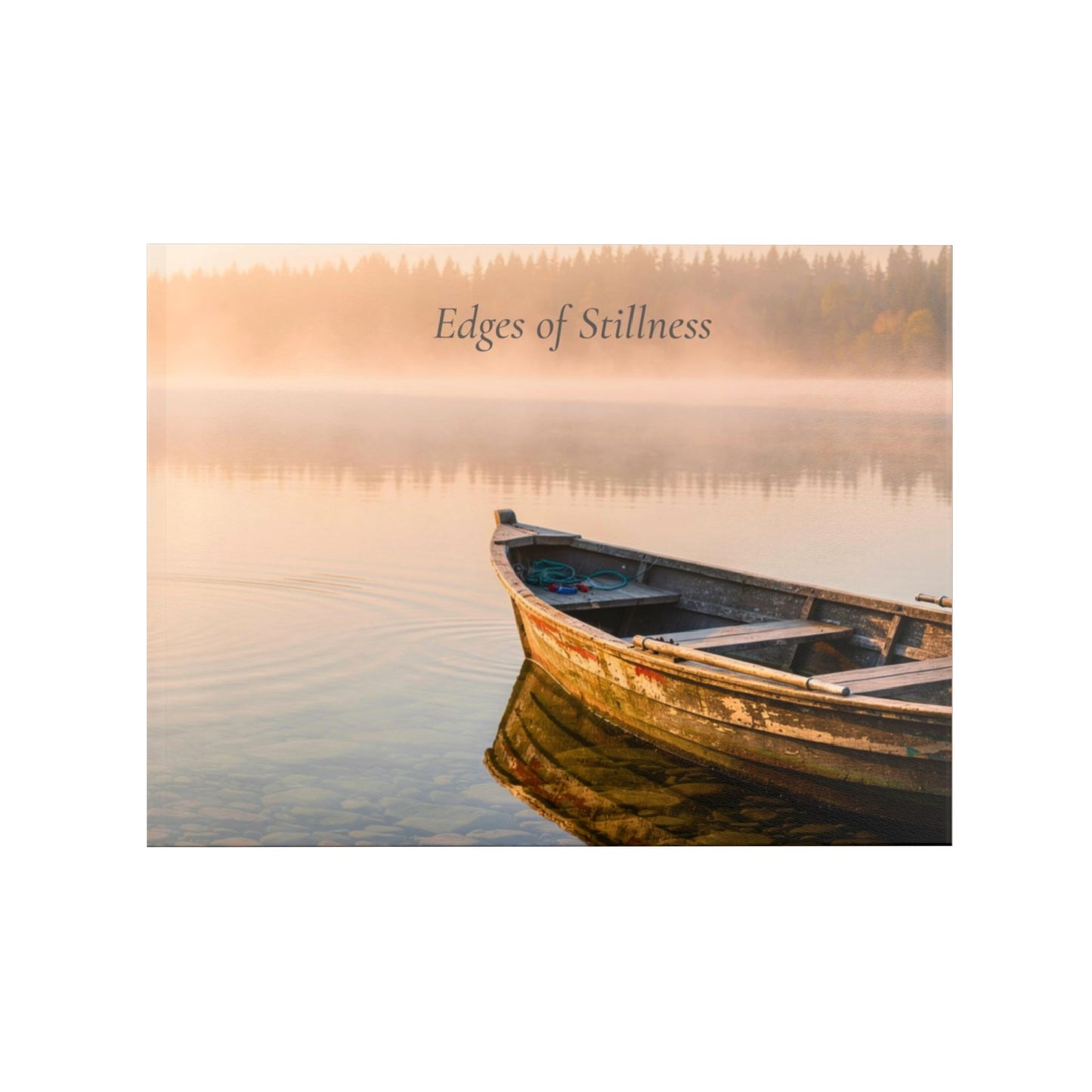 Boat on a calm lake with 'Edges of Stillness' text