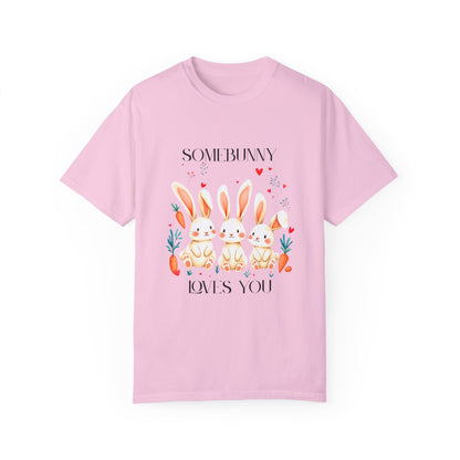 Comfort Colors 1717 Unisex Garment-Dyed T-shirt - “Somebunny Loves You” Trio Bunny Easter Tee