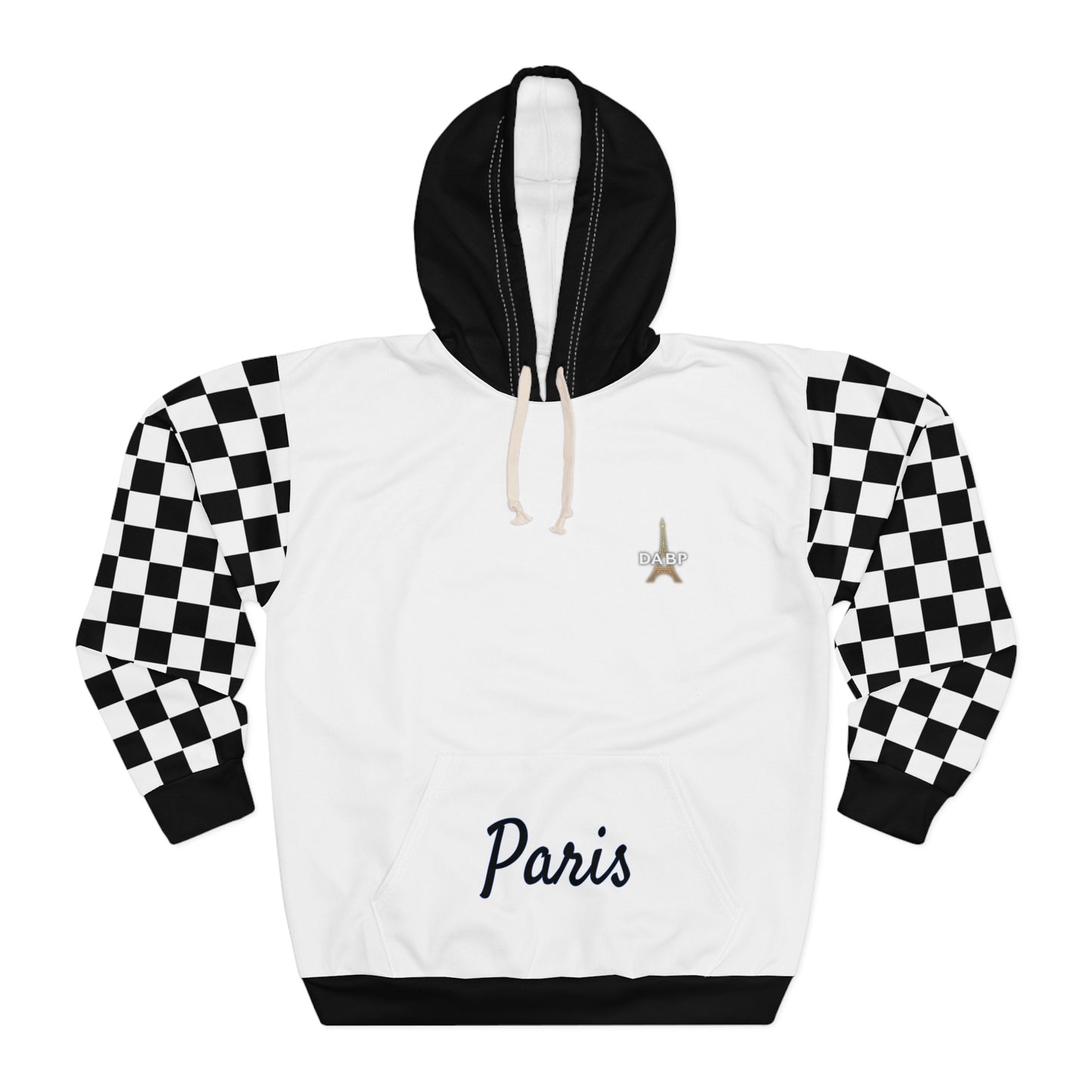 Paris Checkered Unisex Hoodie - DABP Emblem and Checkerboard Sleeves (White)