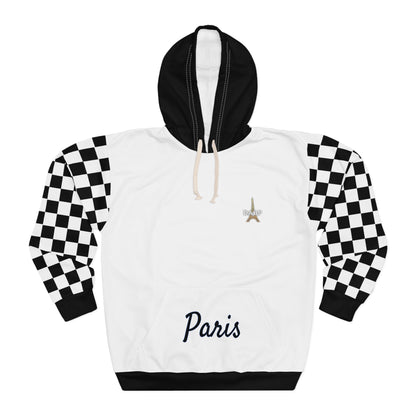 Paris Checkered Unisex Hoodie - DABP Emblem and Checkerboard Sleeves (White)