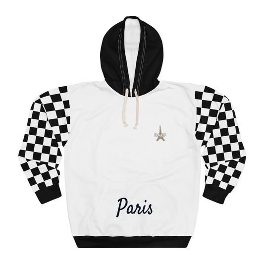 Paris Checkered Unisex Hoodie - DABP Emblem and Checkerboard Sleeves (White)