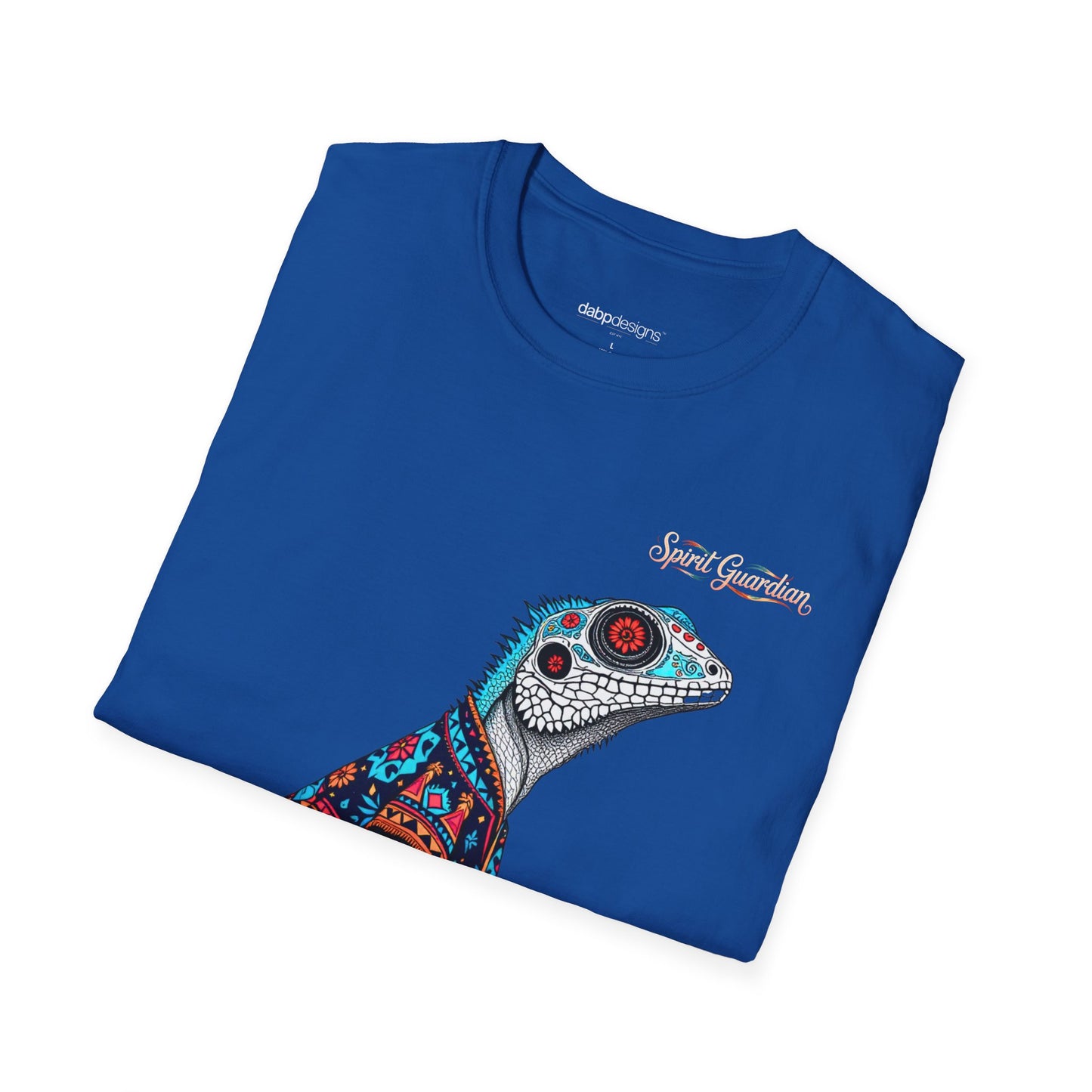 Folded blue t-shirt with a colorful lizard design and 'Spirit Guardian' text on a white background
