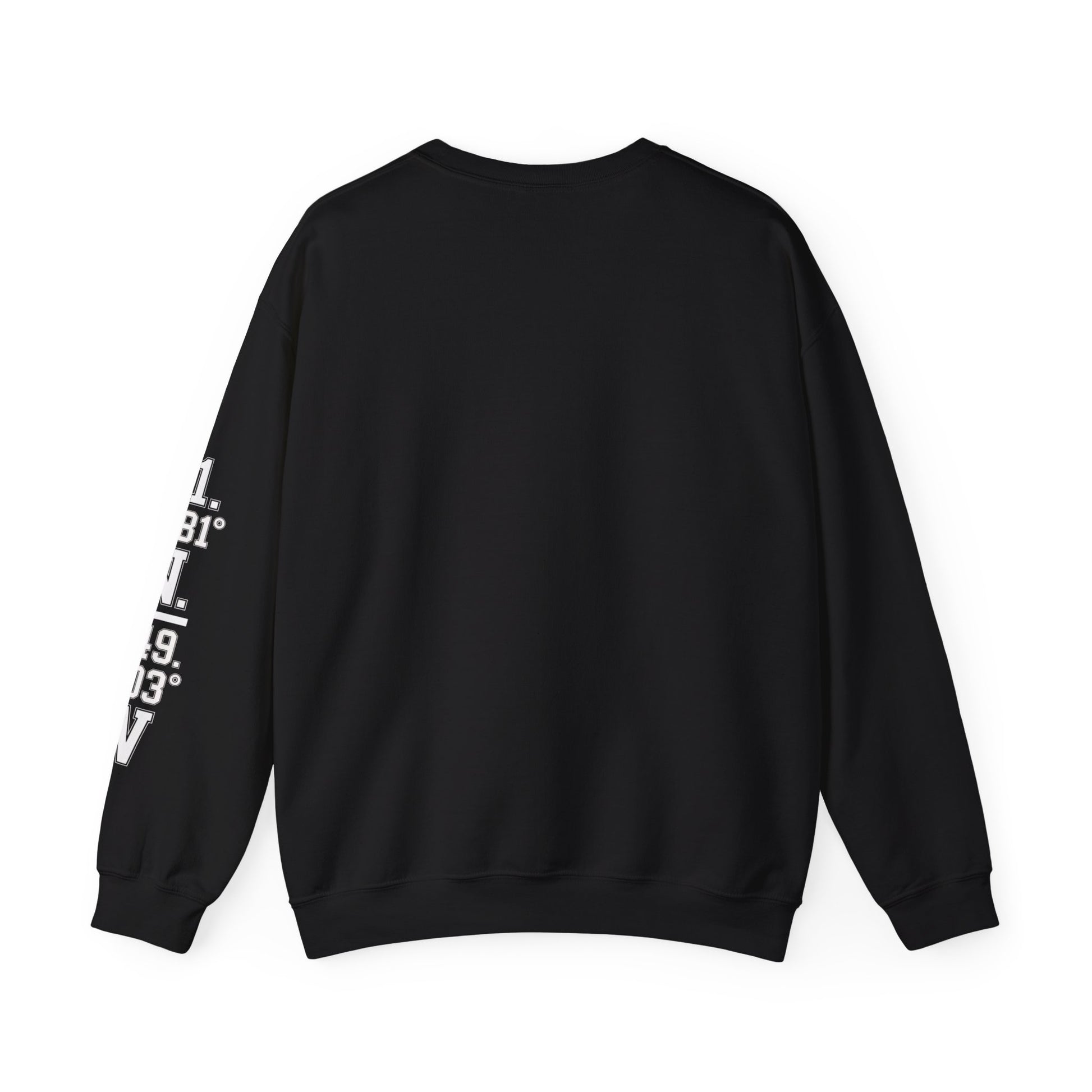 Black sweatshirt with white text on sleeve against a white background