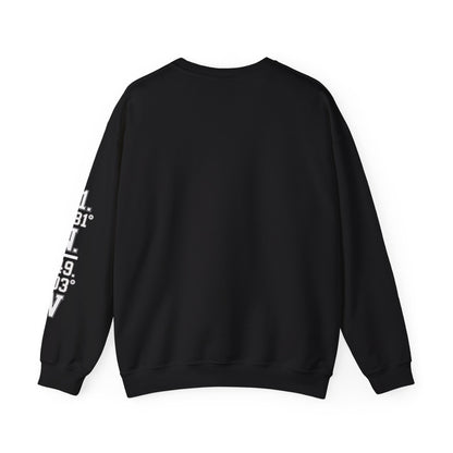 Black sweatshirt with white text on sleeve against a white background