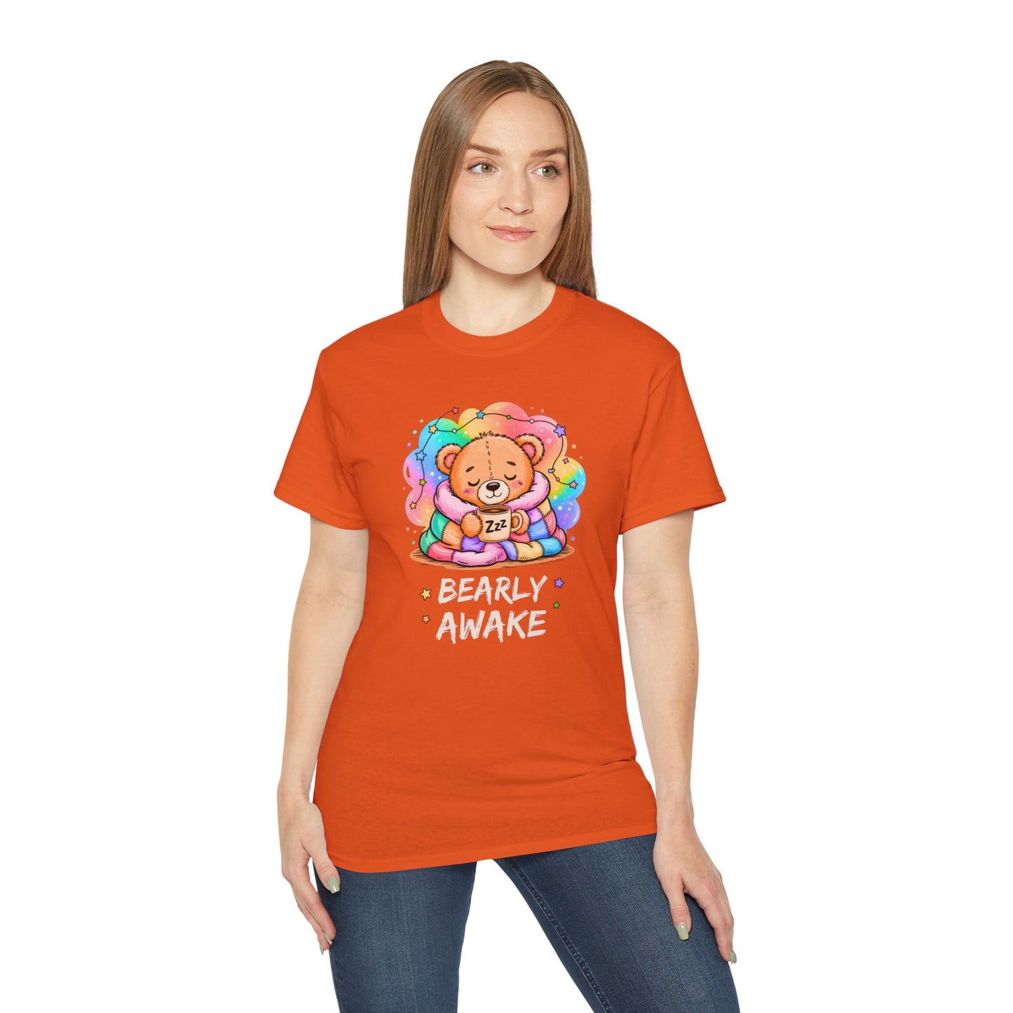 Bearly Awake Teddy Bear Tee | Cute Coffee Bear Wrapped in Rainbow Blanket