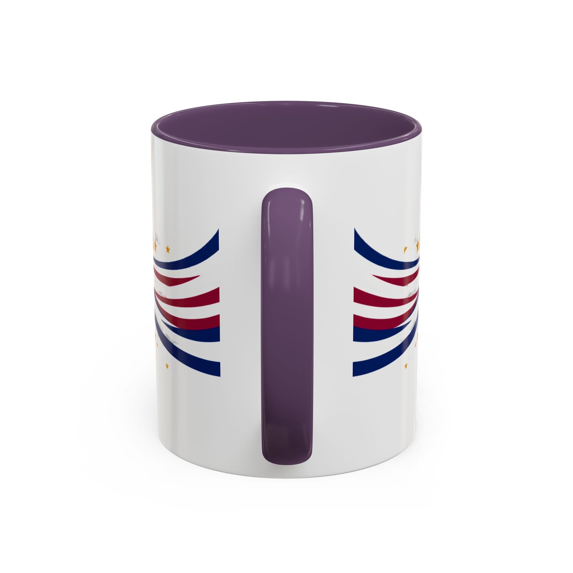 White mug with purple interior and handle, featuring red and blue striped patterns on a white background.