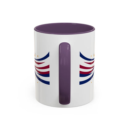 White mug with purple interior and handle, featuring red and blue striped patterns on a white background.