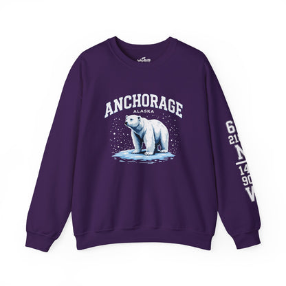 Purple sweatshirt with a polar bear graphic and 'Anchorage, Alaska' text on a white background