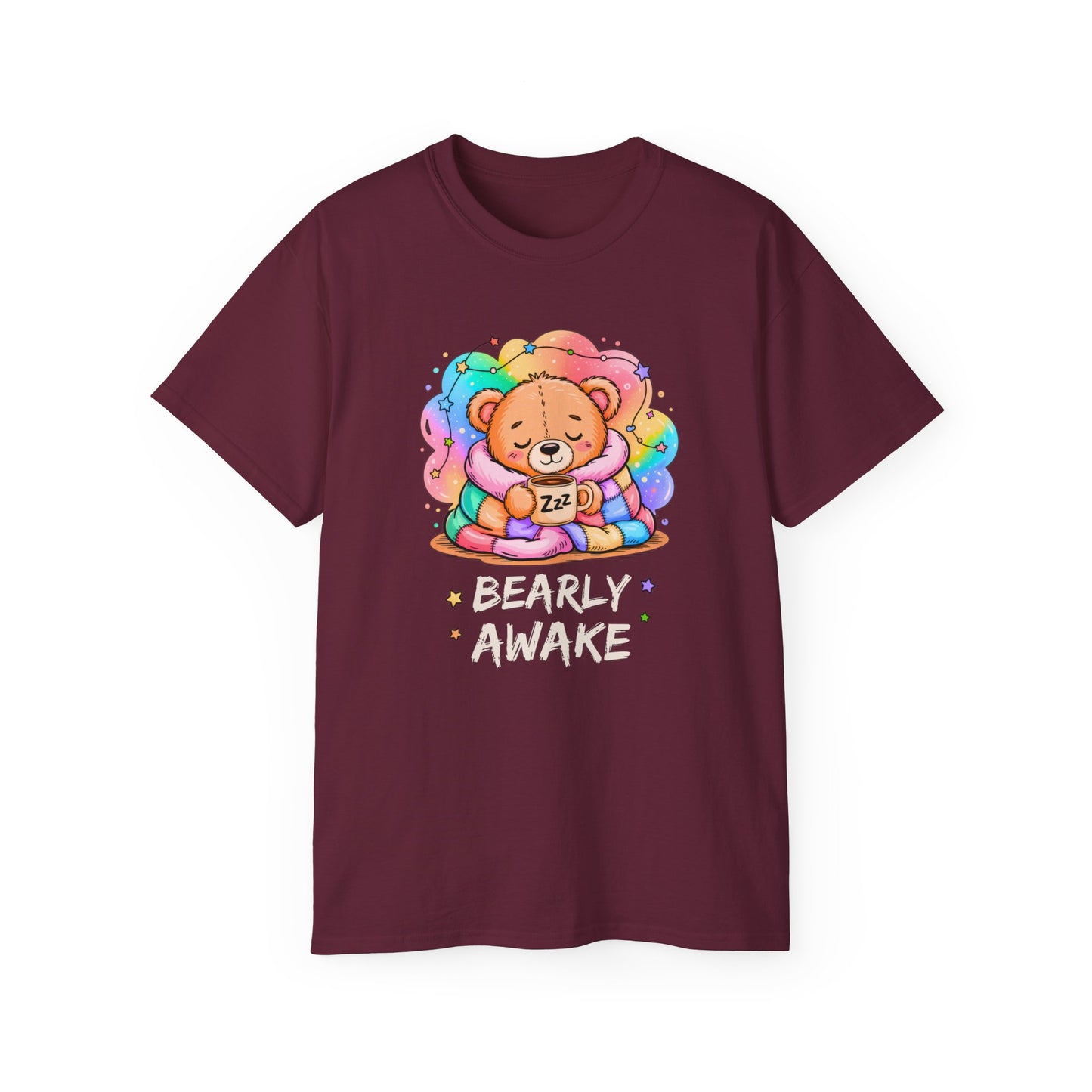 Bearly Awake Teddy Bear Tee | Cute Coffee Bear Wrapped in Rainbow Blanket