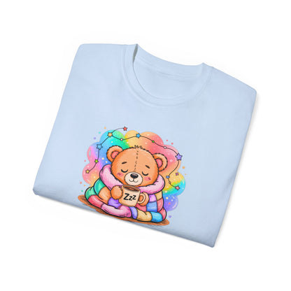 Bearly Awake Teddy Bear Tee | Cute Coffee Bear Wrapped in Rainbow Blanket