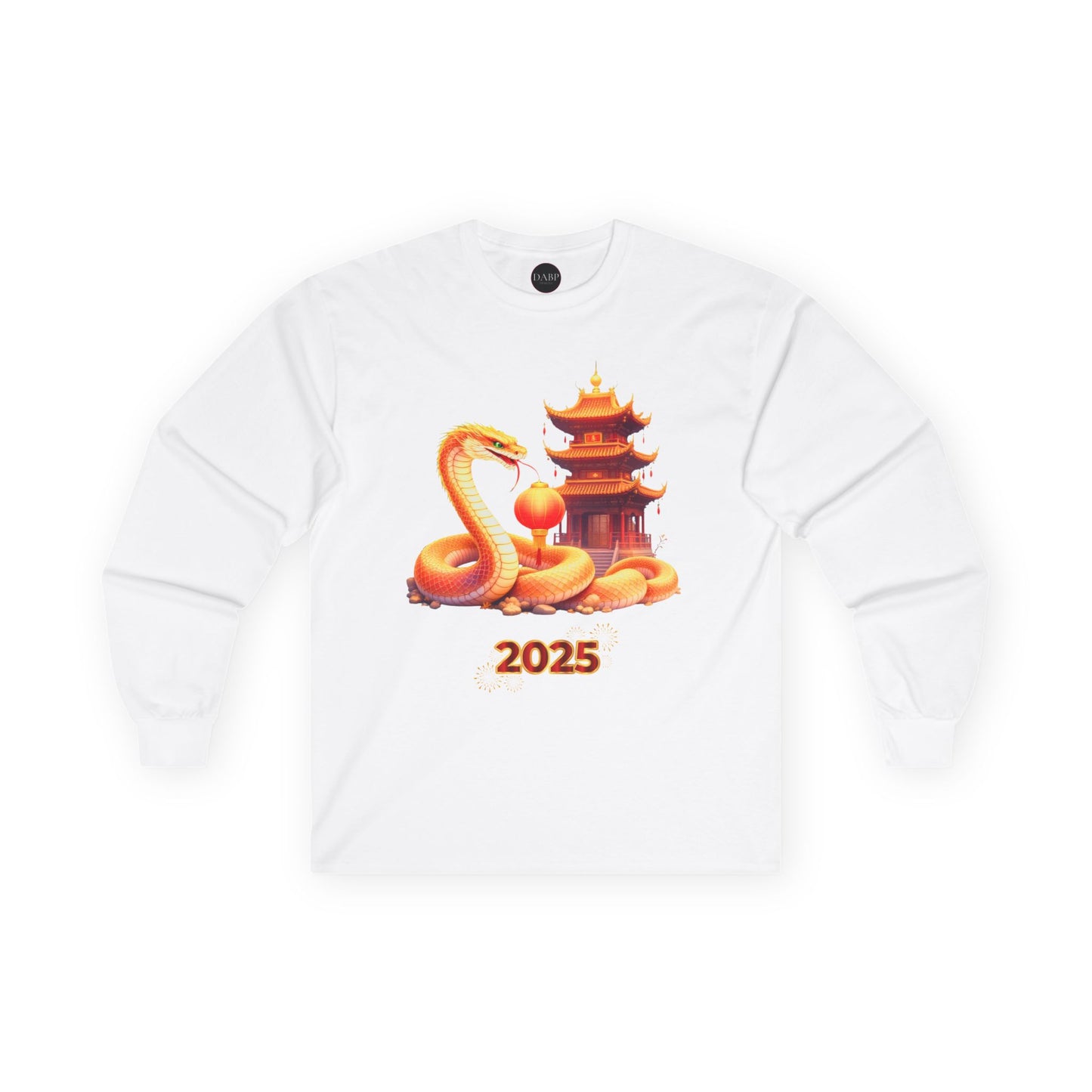 Gildan 2400 Unisex Long-sleeve Tee - 2025 Year of the Snake Chinese New Year - Golden Snake with Pagoda and Lantern (v1)