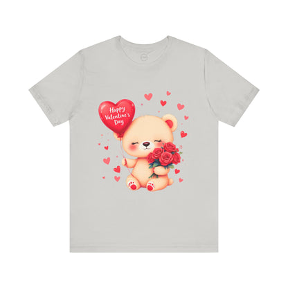 Bella+Canvas · 3001 Unisex Jersey Short Sleeve Tee - Valentine’s Day Bear, Balloon & Roses Design