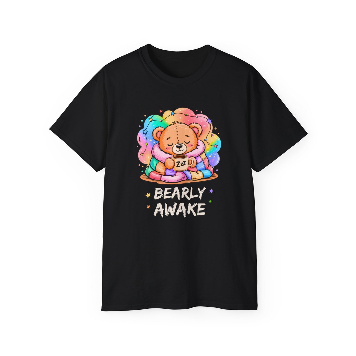 Bearly Awake Teddy Bear Tee | Cute Coffee Bear Wrapped in Rainbow Blanket