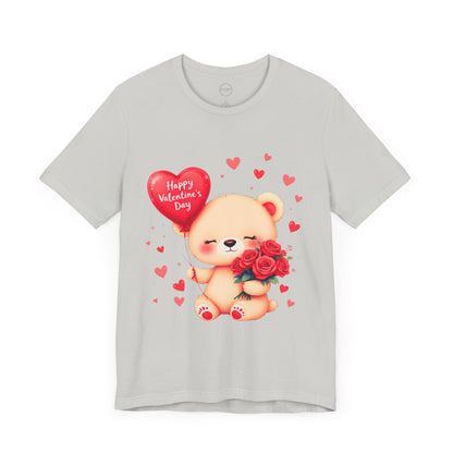 Bella+Canvas · 3001 Unisex Jersey Short Sleeve Tee - Valentine’s Day Bear, Balloon & Roses Design