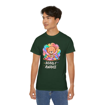 Bearly Awake Teddy Bear Tee | Cute Coffee Bear Wrapped in Rainbow Blanket