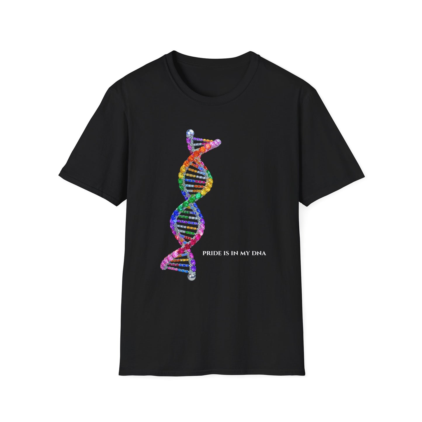 Black t-shirt with a colorful DNA strand design and 'Pride is in my DNA' text on a white background