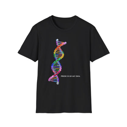Black t-shirt with a colorful DNA strand design and 'Pride is in my DNA' text on a white background