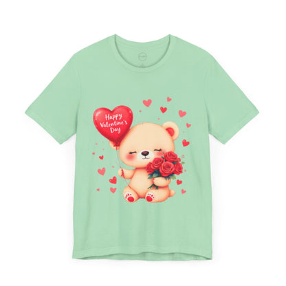 Bella+Canvas · 3001 Unisex Jersey Short Sleeve Tee - Valentine’s Day Bear, Balloon & Roses Design