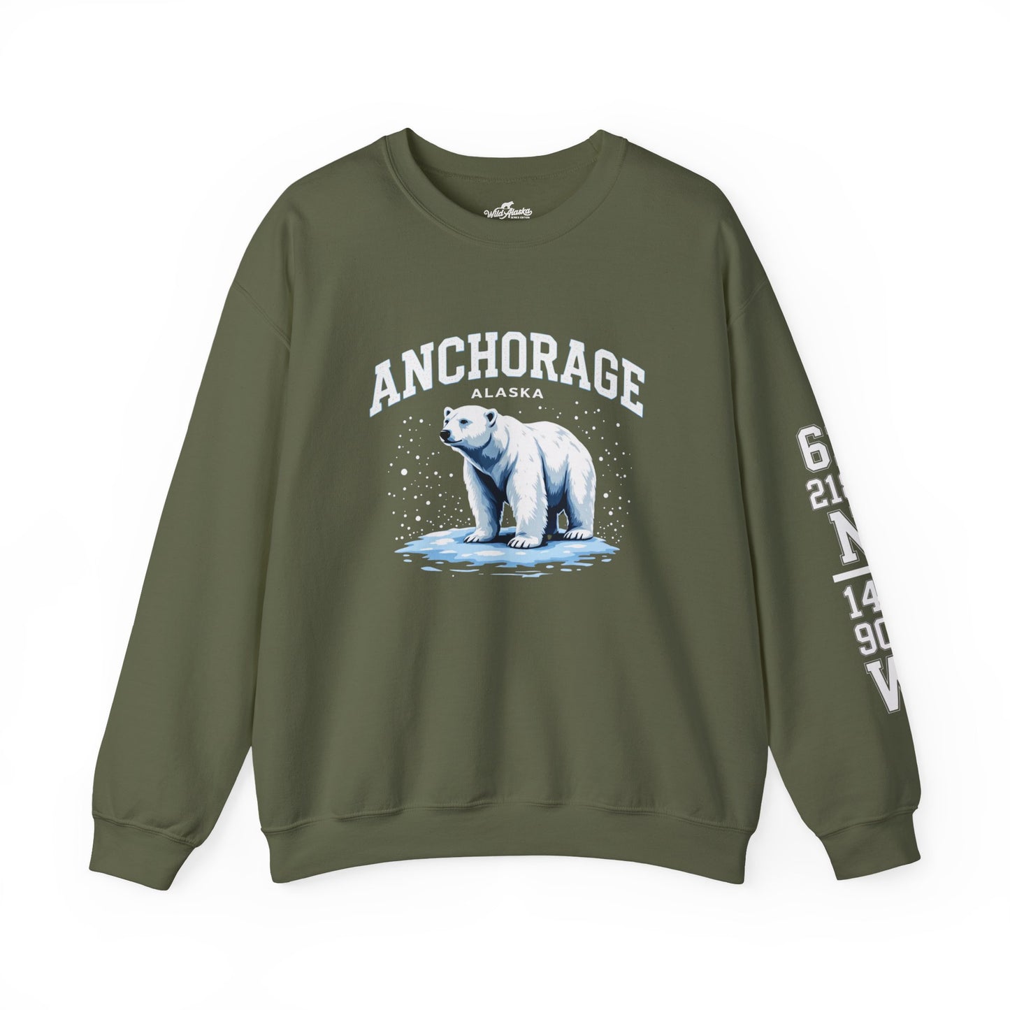 Green sweatshirt with a polar bear graphic and 'Anchorage, Alaska' text on a white background