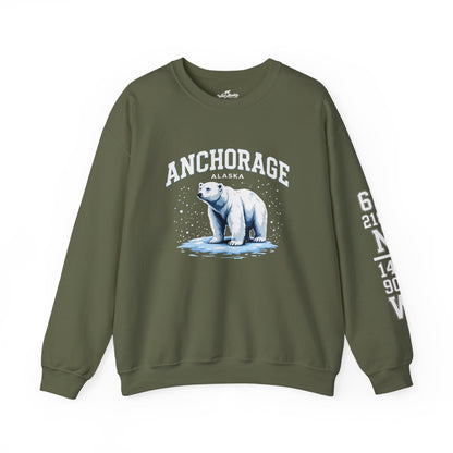 Green sweatshirt with a polar bear graphic and 'Anchorage, Alaska' text on a white background